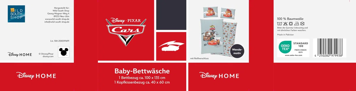Disney Cars - Auto Bettwäsche 40x60 + 100x135 cm, 100% Baumwolle mit Reißverschluss