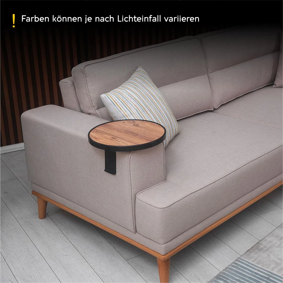 Sofatablett Armlehne, Couch-Tablett, Einstellbarer Sofa-Tablett, Getränkehalter, spezielles Design stoßfeste Umrandung, Sitzgarnitur Ablage, Durchmesser ⌀ 34 cm, Holz-Optik, Comfy