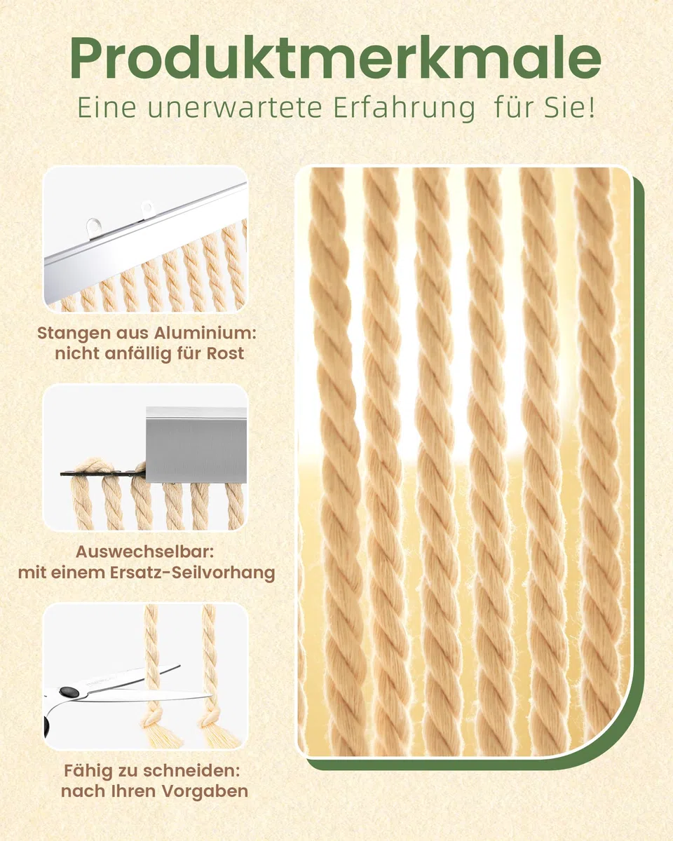 90x200cm Seilvorhang Türvorhang, 54 Stränge Beiger Boho Terrassentür Türvorhang, Fliegenvorhang Balkontür als Raumteiler und Dekoration für Balkon, Zimmer, Terrasse