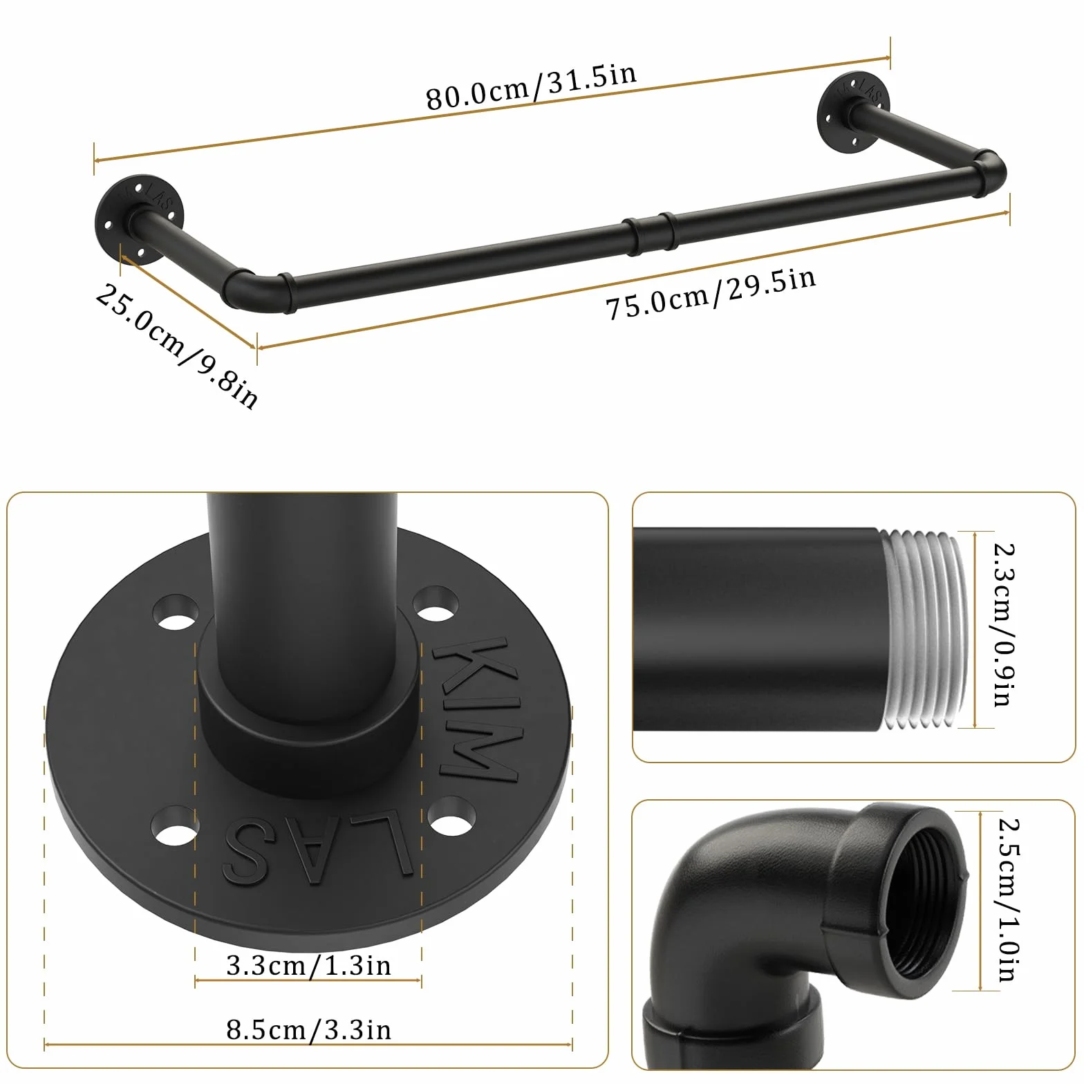 Yawinhe Kleiderstangen für die Wand, 80cm industrieller Rohr-Kleiderständer zur Wandmontage, Platzsparenders Wandregal Küchenregal, für Geschäft, Wohnen, Schwarz, 1-Pack, YMG002A-1