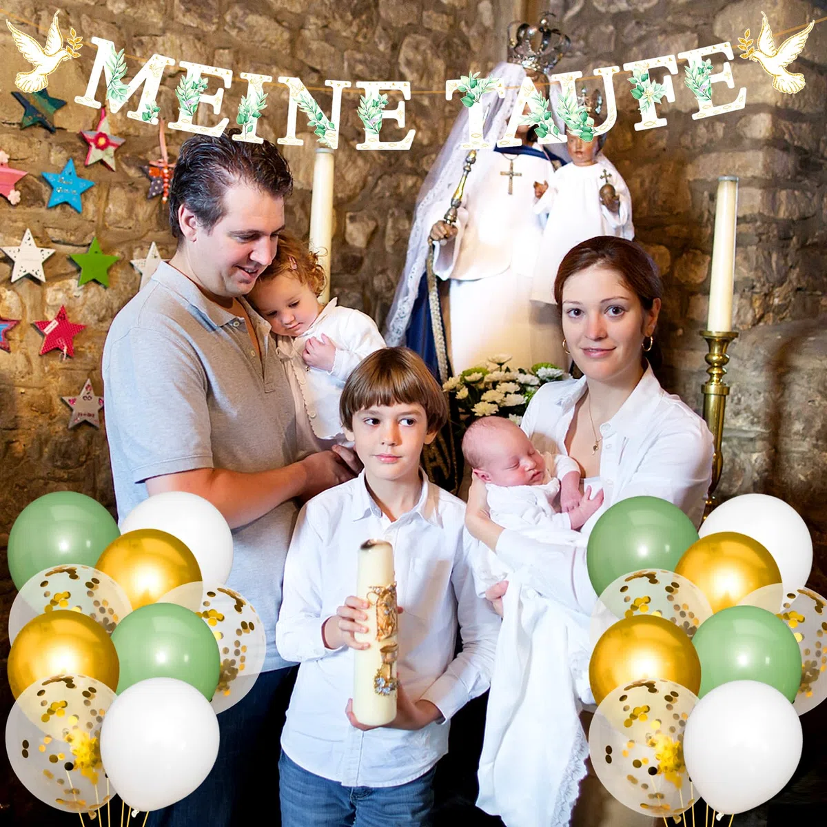 Taufdeko für Jungen & Mädchen –Deko mit Girlande, Ballons & Servietten – Party Dekoration zur Tauffeier, Baby Taufe für Kinder, mit Spruch „Schön, dass du da bist