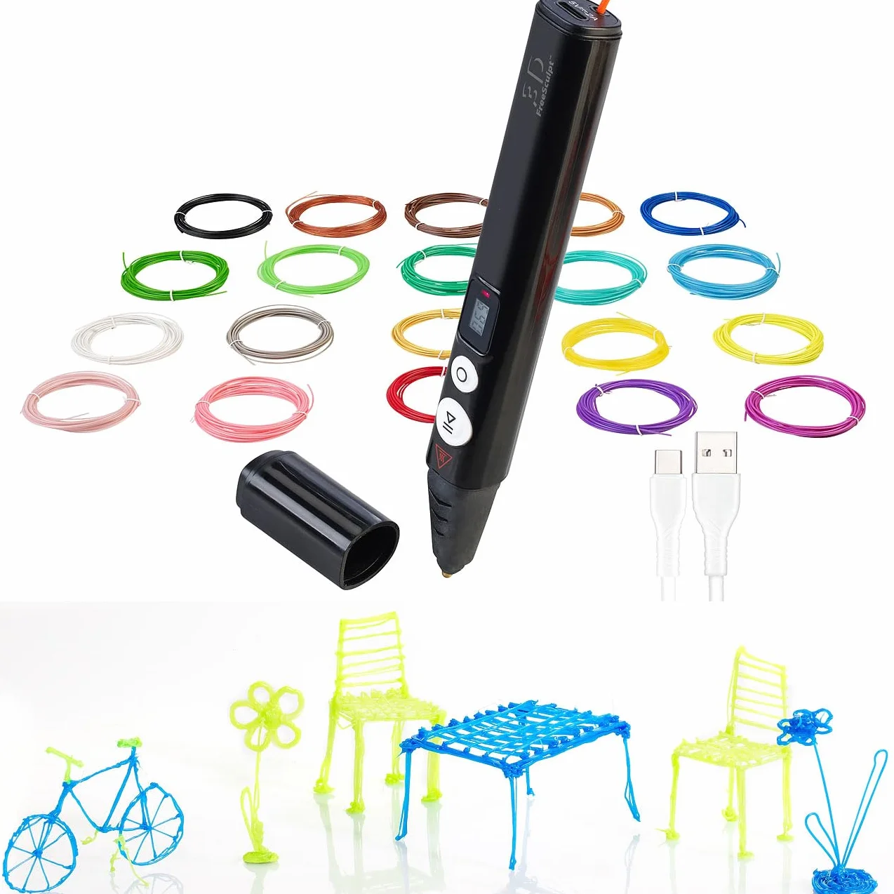 FreeSculpt 3D Druck: Kompakter 3D-Stift, USB-C-Stromversorgung, Versandrückläufer (Stift & Filament, leichte, Pen)