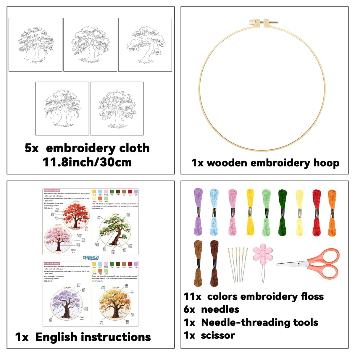 ORIGACH 5-teiliges Stick-Set für Anfänger mit saisonalen Baummotiven, Stick-Starter-Set mit aufgedruckten Motiven, inklusive Stoff, Stickrahmen, Garn und Nadeln