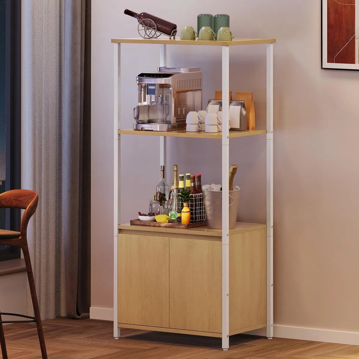 YITAHOME Küchenregale, Mikrowellenregal, Bäckergestelle für Küchen mit Stauraum, Kaffeebar, 3-stöckiger Snackständer mit Schrank, 56 x 36 x 121 cm, gelbe Eichenbretter, weiße Eisenrohre