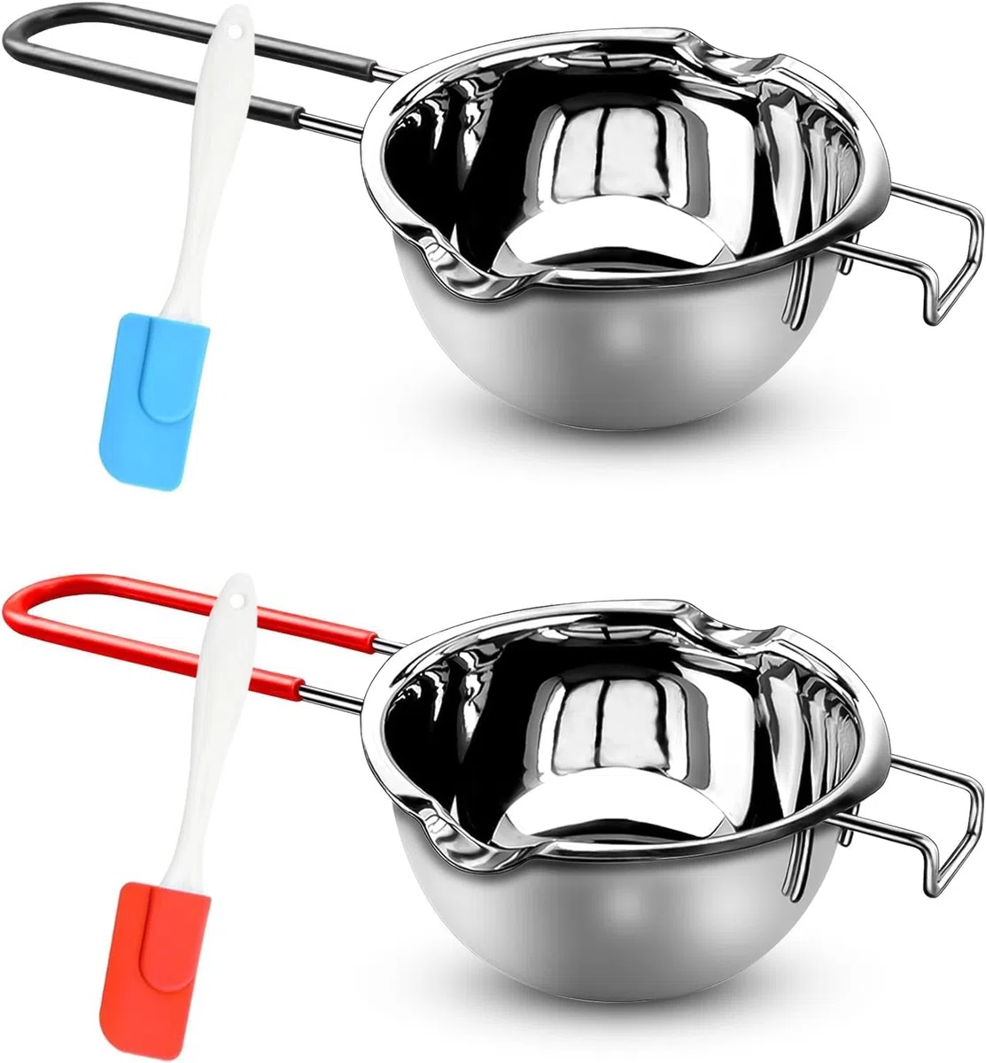 2 Stück Wasserbad-Schmelzschale,Schmelztopf 304 Edelstahl mit 2 Spatel und Hitzebeständigem Griff für Schokolade Zucker Butter Käse Karamell Kerzen (400ml)