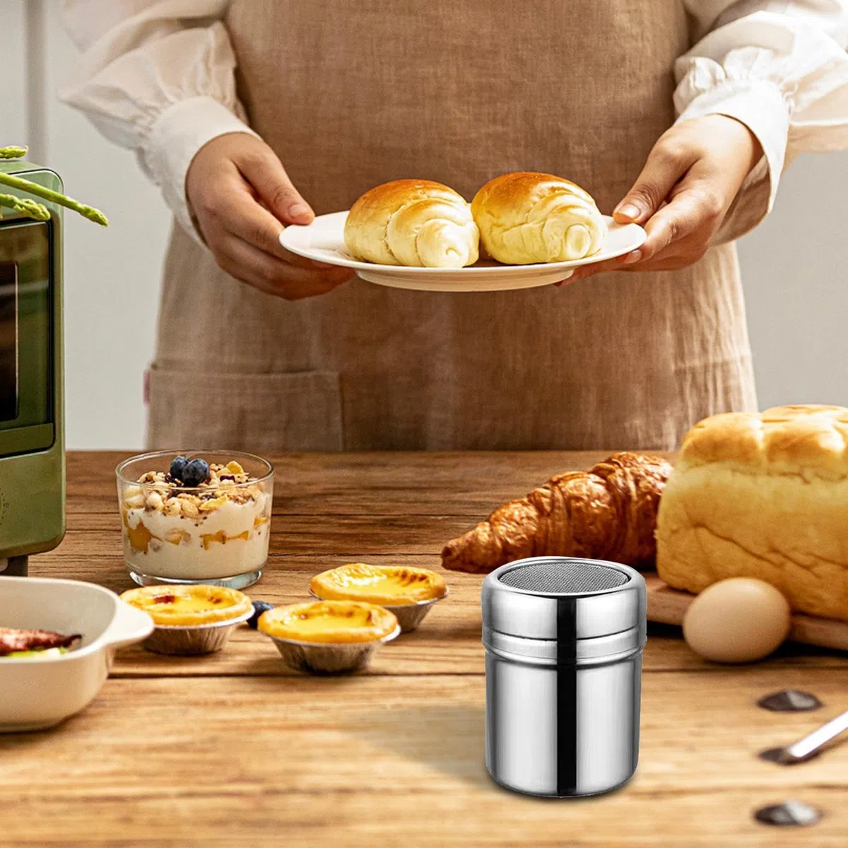 Mehlstreuer - Pulverstreuer - Puderstreuer | Schokoladen-Haker - EDELSTAHL Zucker mit Deckel, Mehlbagger Puderzucker, feines Netz für F´Lour Cappuccino Icing S-Salz