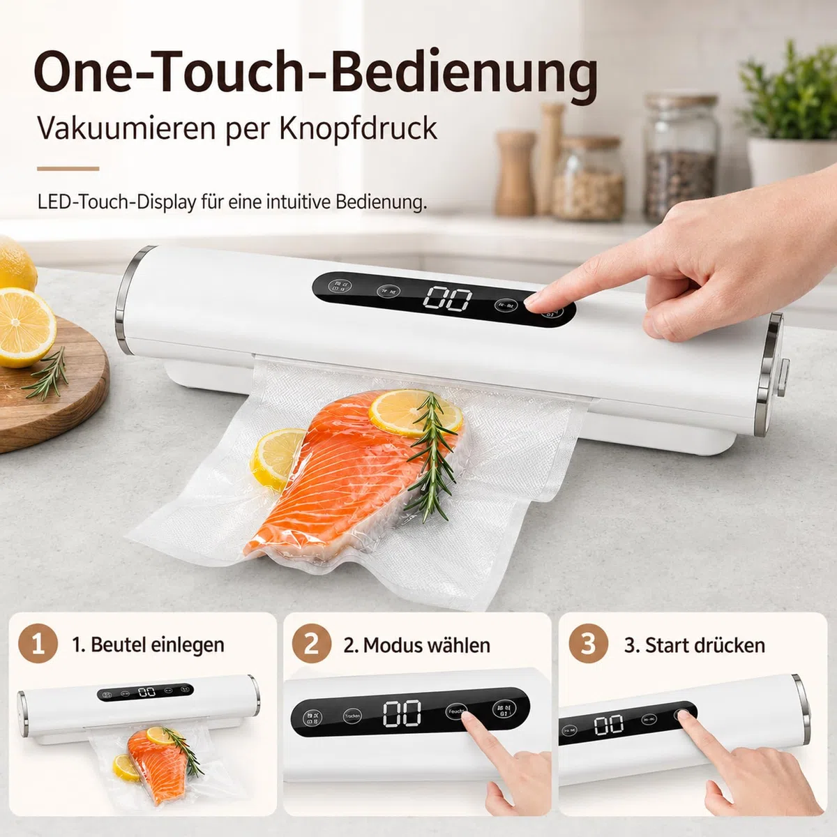 Vakuumiergerät für Lebensmittel mit 20 Beutel, 62KPA Vakuumierer Folienschweißgerät Vollautomatisch, Einschweißgerät für Trockene & Feuchte, Vacuum Sealer Kompakt für Küche & Gefrierbeutel, Weiß
