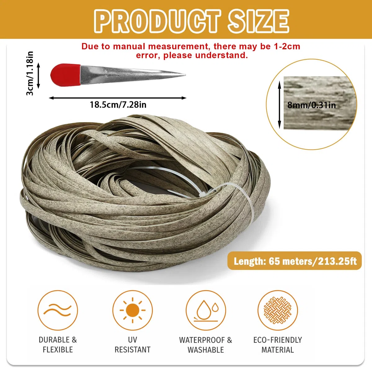 Polyrattan Reparatur 65 m Rolle Flach PE Rattan für Rattan Möbel Reparatur Gartenmöbel Stuhl Tisch Korb Wicker Ersatzmaterial Wetterfest und Strapazierfähig (Grau Meliert)