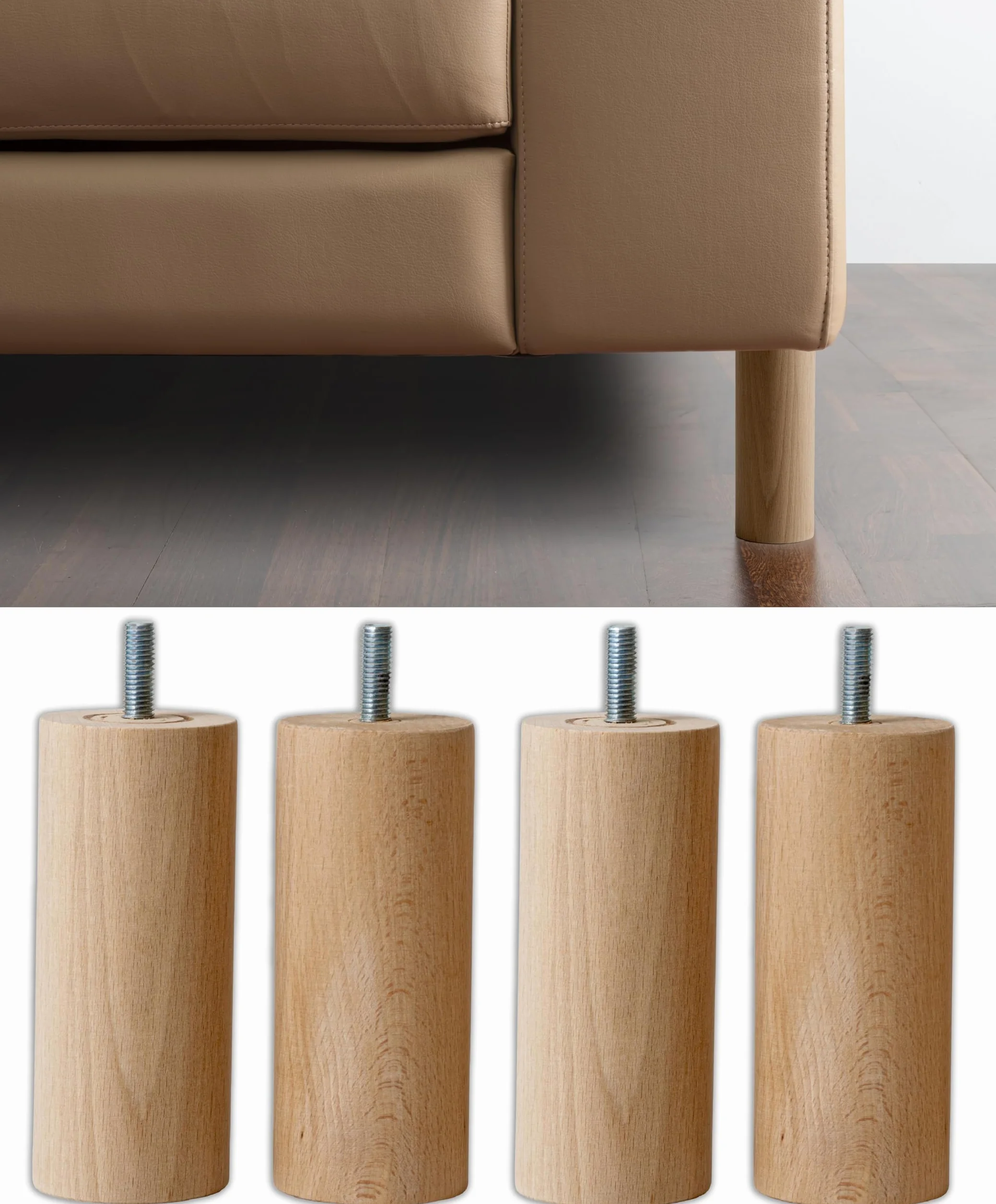 IPEA Möbelfüße aus Holz - Sofa Füße – Höhe 140 mm – [ MINIMALES UND Elegantes Design ] - Set mit 4 Rohholzfüßen für Schränke, Sessel, Wohnmöbel - Möbelbeine – Möbelfuß M10 Schraube - 4er Pack