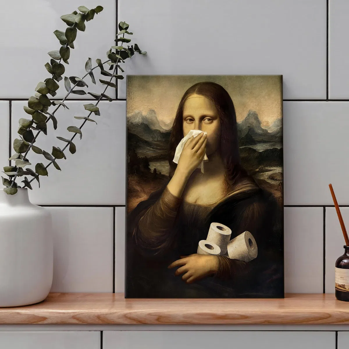 Lustiges Mona Lisa Leinwand Bilder Mit Rahmen, Mona Lisa mit Klopapier und Nase-zu-Geste Bild Auf Leinwand Wandbilder, Vintage Ironische Wanddeko für Toilette, Gäste, WC oder Badezimmer 30X40cm