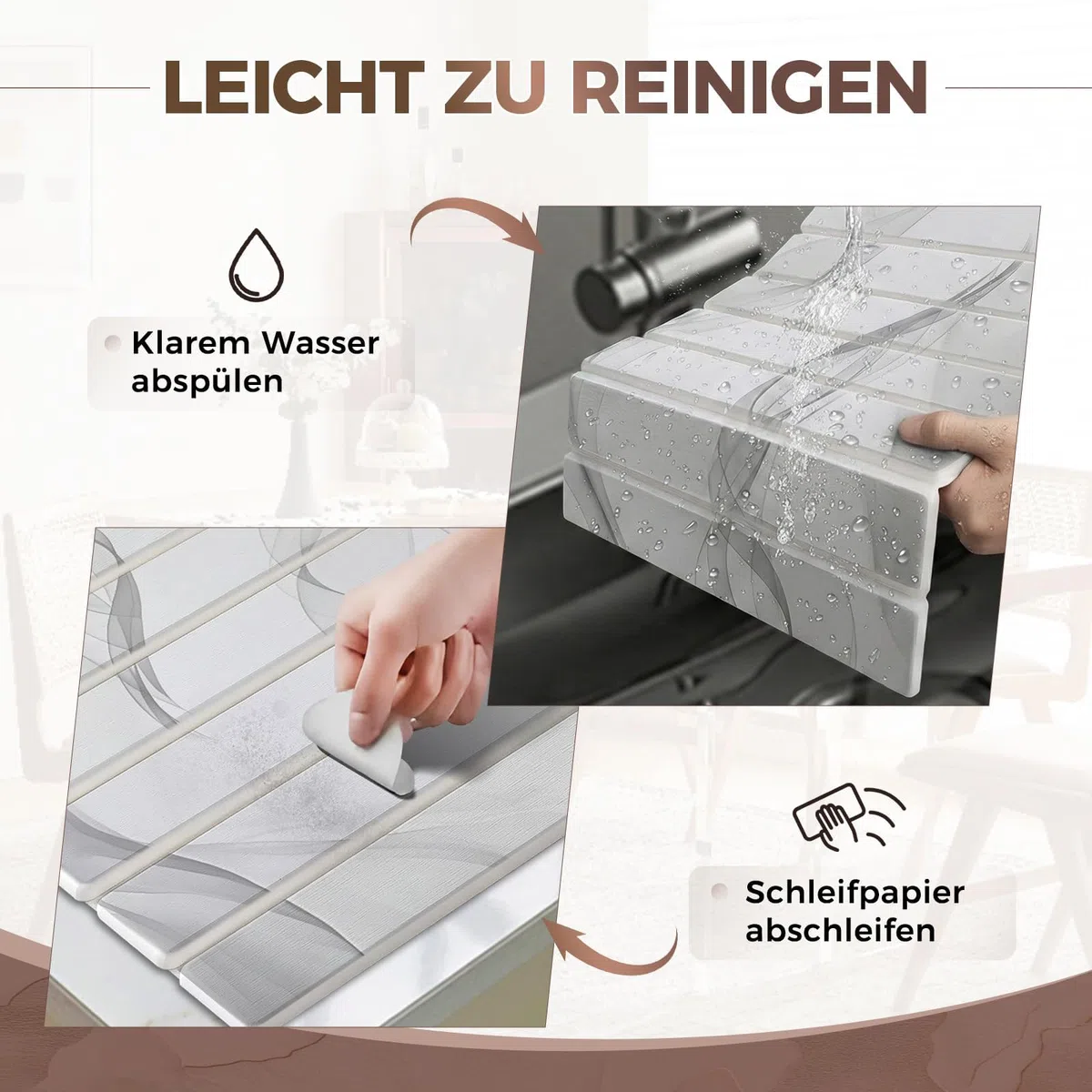 Abtropfmatte Geschirr 40 x 30 cm, Abtropfmatte Stein aus Kieselgur, Steinmatte Küche, Wasserabsorbierende Schnelltrocknende (Wellenmuster mit Seifenablage)
