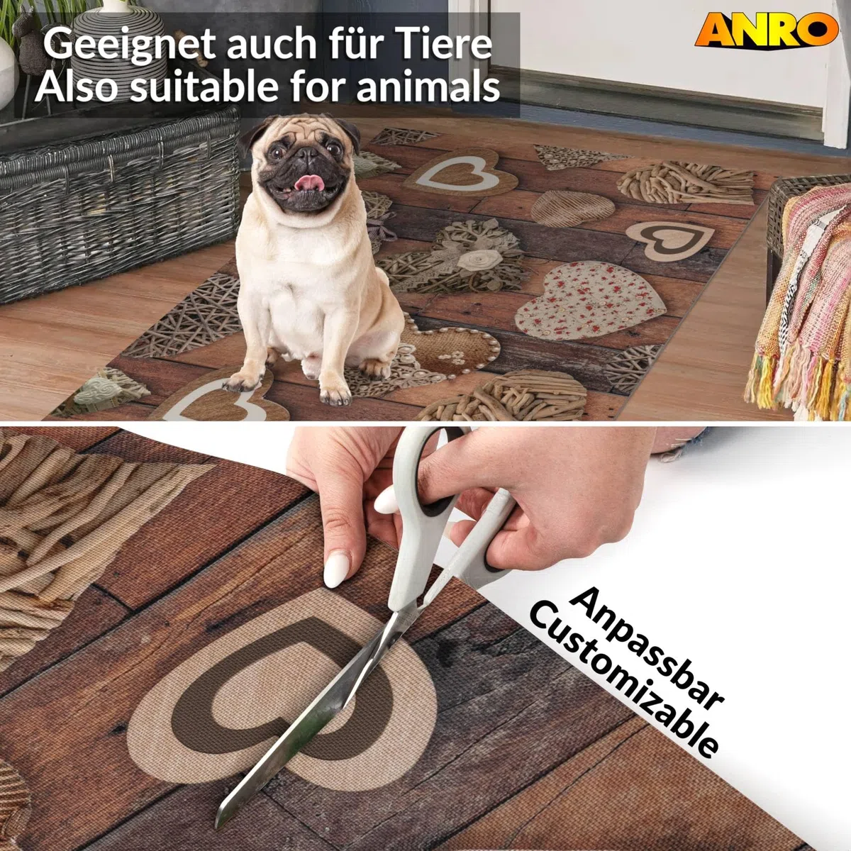ANRO Küchenläufer Teppichläufer abwaschbar Läufer Flur rutschfest pflegeleicht Holz Liebe 100 x 52 cm