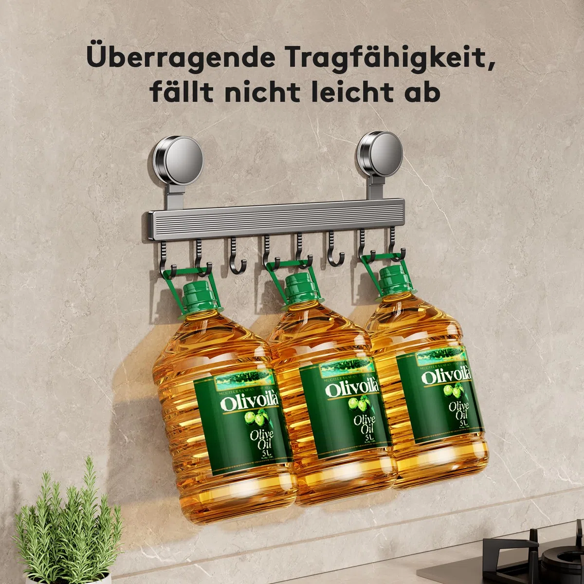 Hakenleiste Küche ohne Bohren mit Saugnapf | 8 Haken, 40 cm lang, 20 kg Tragfähigkeit, 1-Minuten-Installation | Abnehmbare rostfreie hakenleiste für Küchenutensilien