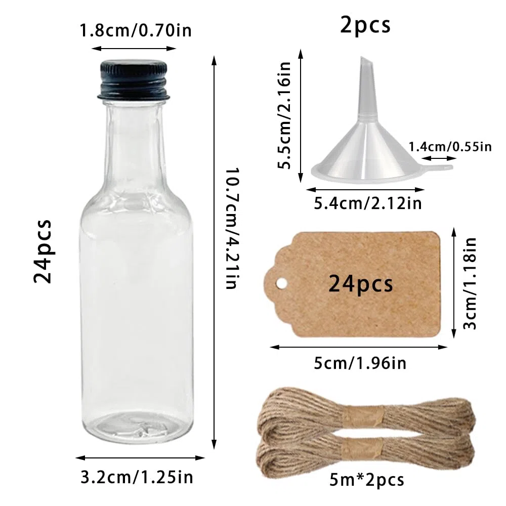 24 Stück Likörflaschen 50ml Kleine Schnapsflaschen mit 2 Trichter und 24 Anhängern Mini Fläschchen Leere Kleine Schnapsflaschen für Hochzeiten Party Kunst