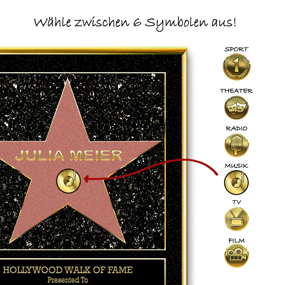 DUOMIO HOLLYWOOD Walk of Fame Stern, personalisierte Urkunde optional mit Rahmen | 3 Größen, Design, Thema, Text, Hintergrundfarbe frei-wählbar| Premium-Papier-Druck| Geschenke Mann/Frau