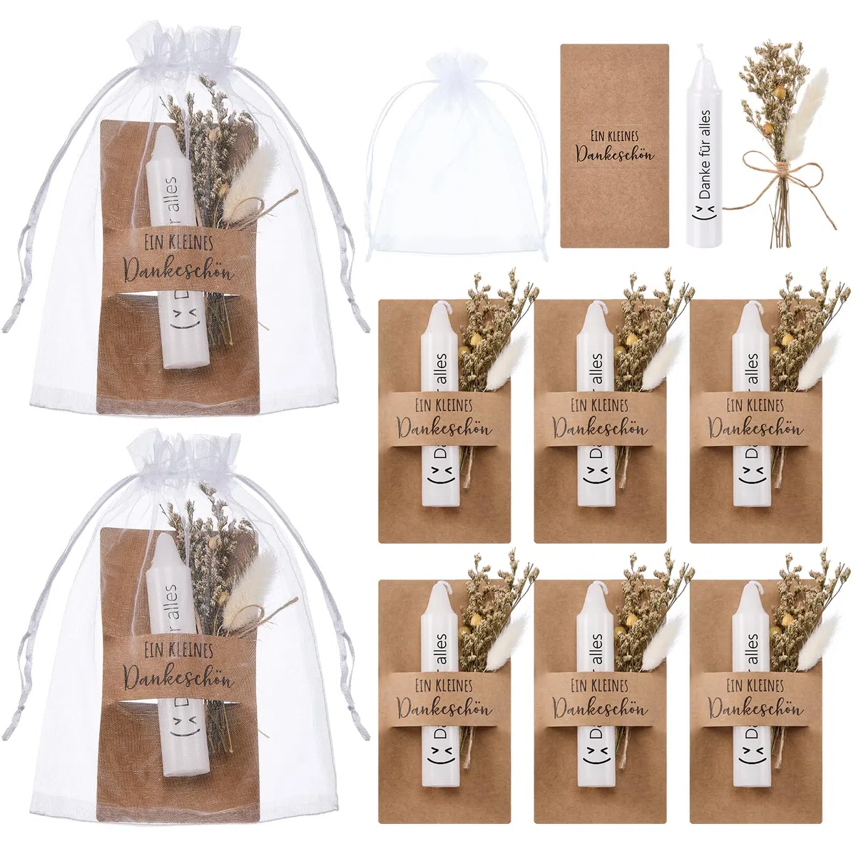 Tenare 6 Sets Danke für Alles Geschenk Kerzen Trockenblumen Organzabeutel Kartenhülle Dankesgeschenk Ein Kleines Dankeschön Abschiedsgeschenk für Kollegen Lehrer Freunde Abschied Abschluss Team