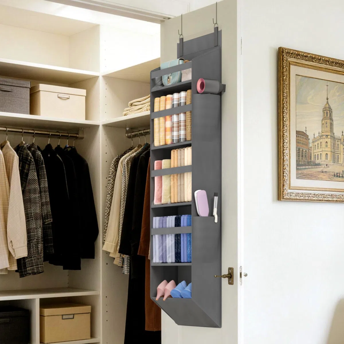 Lifewit Türorganizer Hängeorganizer, 5 Regal klar Fenster hängende Lagerung mit 4 Seitentaschen, Tür Organizer, Hängeaufbewahrung Benutzt für Bad, Schlafzimmer, Wohnheim, Grau,140 cm(H), 1 Pack