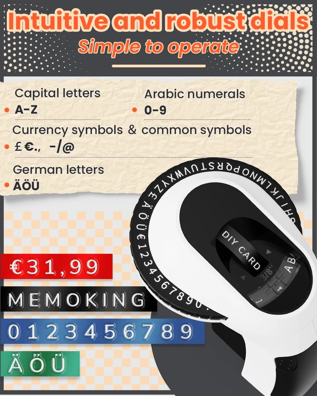 Memoking Prägegerät Etikettiergerät E975 mit 3 Rollen Beschriftungsgerät Prägegerät Etiketten, Retro 3D Handgerät Etikettendrucker mit Prägung, Tragbare Ettikettiergeraet für Haus, DIY (£/€, Ä, Ö, Ü)