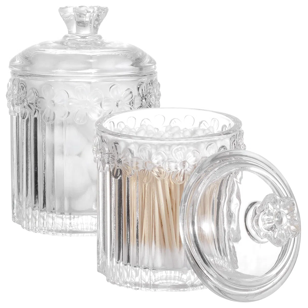 rejomiik Qtip Apothekergläser aus Glas mit Deckel, Badezimmer-Zubehör, Kosmetik-Organizer und Make-up-Aufbewahrungsbehälter für Wattestäbchen, Bälle, Pads, Zahnseide-Picker, Süßigkeiten, transparent