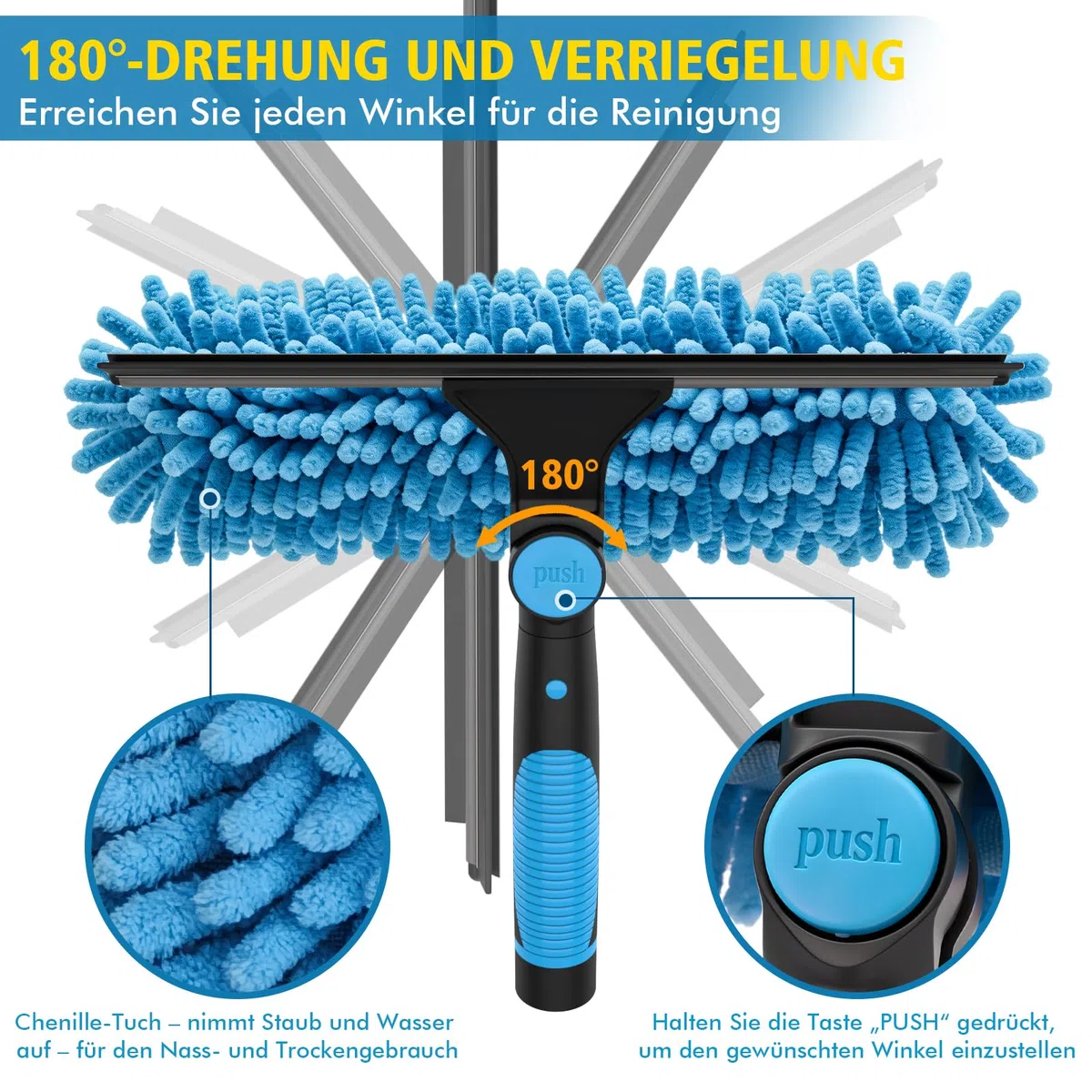 2M Fensterreiniger Set mit 400ml Glasreiniger, 2-in-1 Fensterreiniger & Fensterabzieher mit Teleskopstiel, Profi Fensterputzer Set Hocheffiziente Streifenfreie Reinigung für Fenster, Dusche, Spiegel