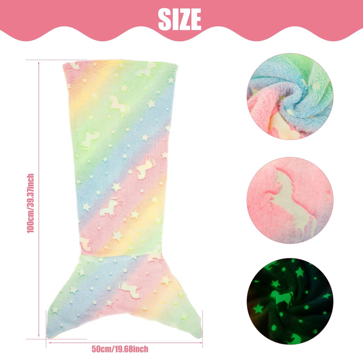 Meerjungfrau Decke Mädchen 100 * 50cm Meerjungfrauenflosse Mädchen Flanell 100% Polyester Flosse Meerjungfrau Kinder Leuchtend Muster Kuscheldecke Kinder Flosse Meerjungfrau Flossen für Mädchen