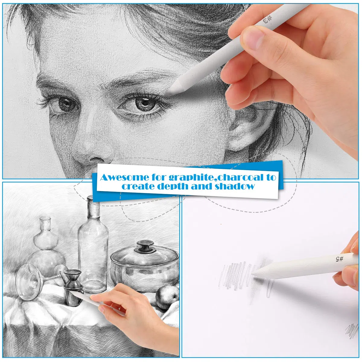 AGPTEK 22 pcs Mischen Papierwischer Set, 16 Blending Stumps Set/Tortillionen Set/Estompen Set mit 2 Schleifpapier-Schärfpads, 1 Stift-Verlängerungswerkzeug, 2 Knetgummi Radiergummis & 1 Filztasche