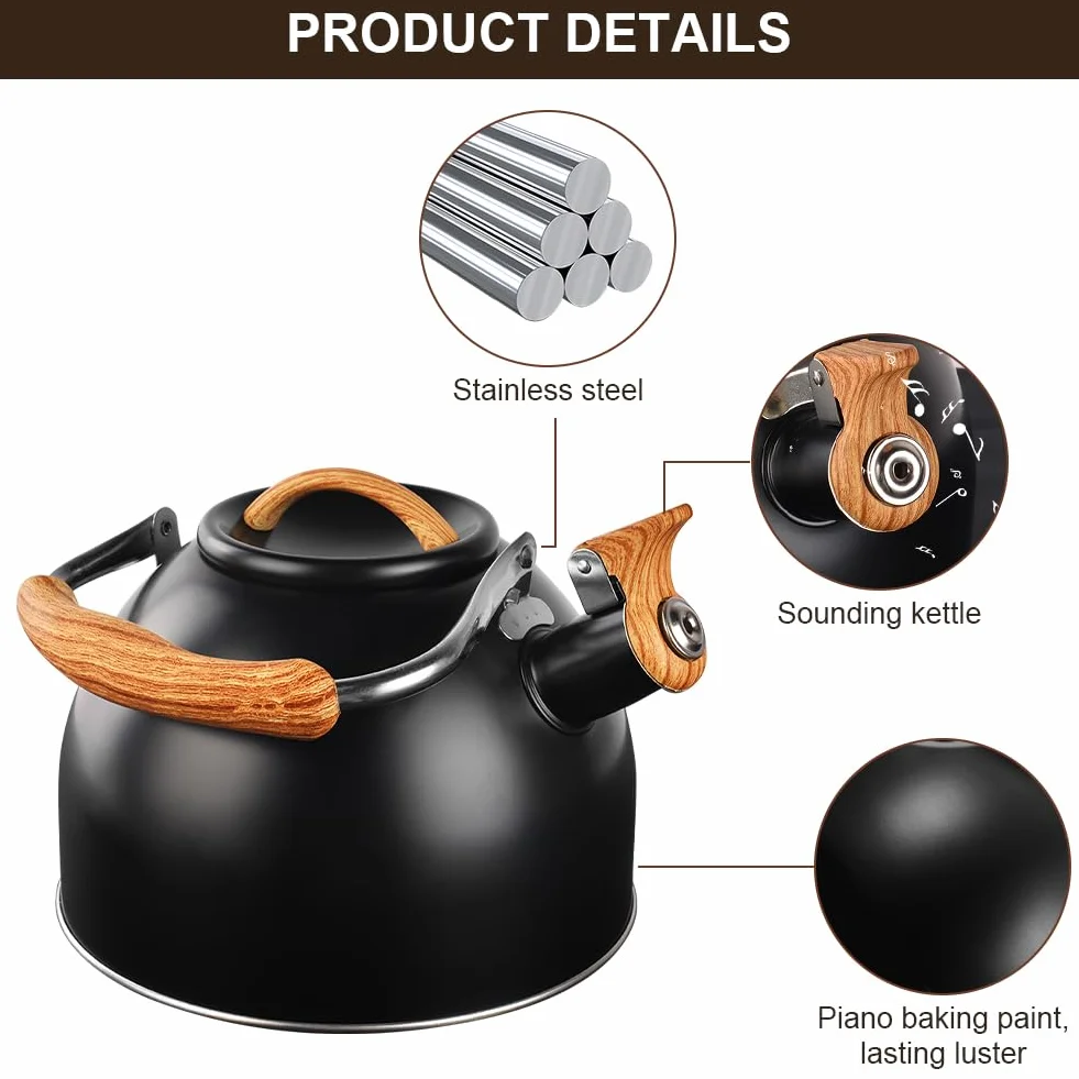 Flintronic Wasserkessel, 3L Edelstahl Pfeifkessel, Flötenkessel mit Holzmasergriff, Teekessel für alle Kochplatten, Wasserkocher Teekocher für Tee & Kaffee