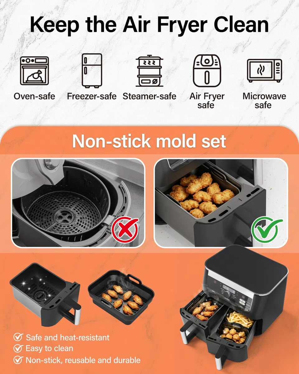 Silikonform Heißluftfritteuse, Airfryer Zubehör 4 Stück für Ninja AF400EU SL400EU AF451EU, COSORI, Russel Hobbs, Silikoneinsatz für Heißluftfritteuse 8.5 L 9L 11L, Wiederverwendbares Silikon Zubehör