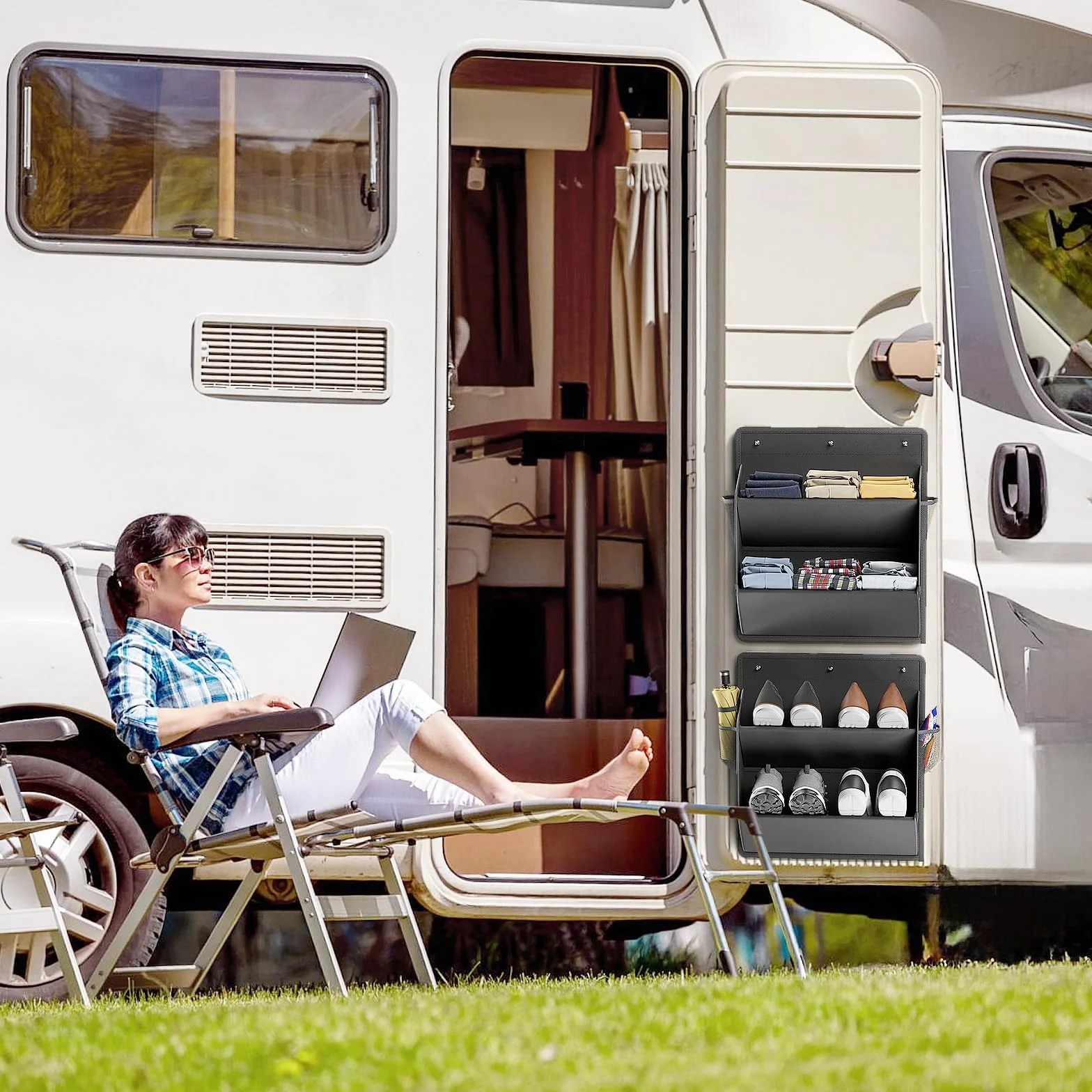 Schuhregal für Wohnmobile, mit Klebeband, Schuhregal zum Aufhängen an der Tür, Schuh-Organizer mit großen, tiefen Taschen für Wohnmobil, schmal, platzsparend, Schwarz, 2 Stück