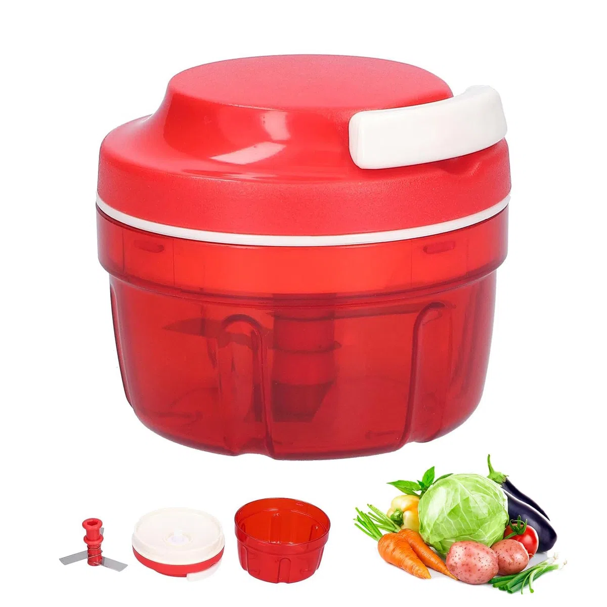 Zwiebelschneider, Zwiebelschneider mit Seilzug, Multizerkleinerer Manuell, Gemüseschneider Haushalt Kordelzug Design, Handbuch Gemüsehacker, Shredder Fleischmixer, Küchenbedarf (Rot-300ML)