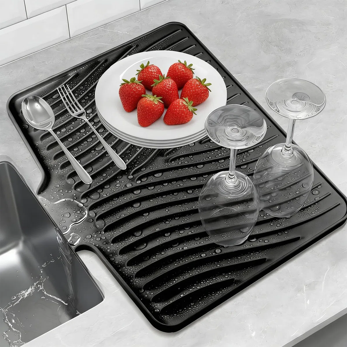40*33*1.5cm Abtropfmatte aus Silikon, Abtropfmatte Spüle Geschirr, Hitzebeständig und Rutschfest, Geeignet für Küche, Spüle und Bestecklagerung, Spülmatte Abtropfunterlage, Schwarz
