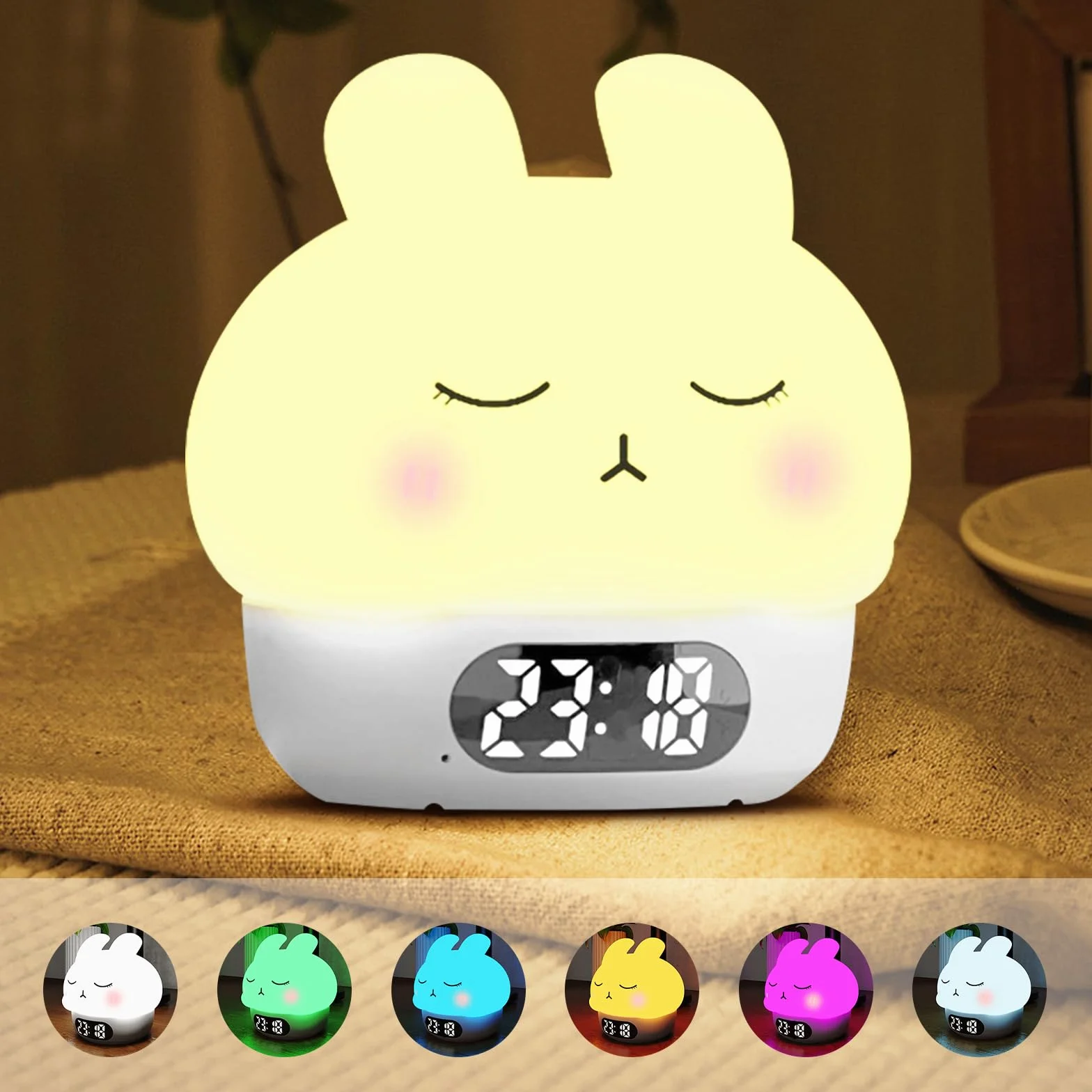 Cuteefun Digitaler Wecker mit Licht, Bunny Nachtlichter für Kinder, Wiederaufladbare Wecker Digital, Dual Alarme, Snooze, 9 Farbmodi, Berührungssensor Nachtlicht Dimmbar für Raumdekoration