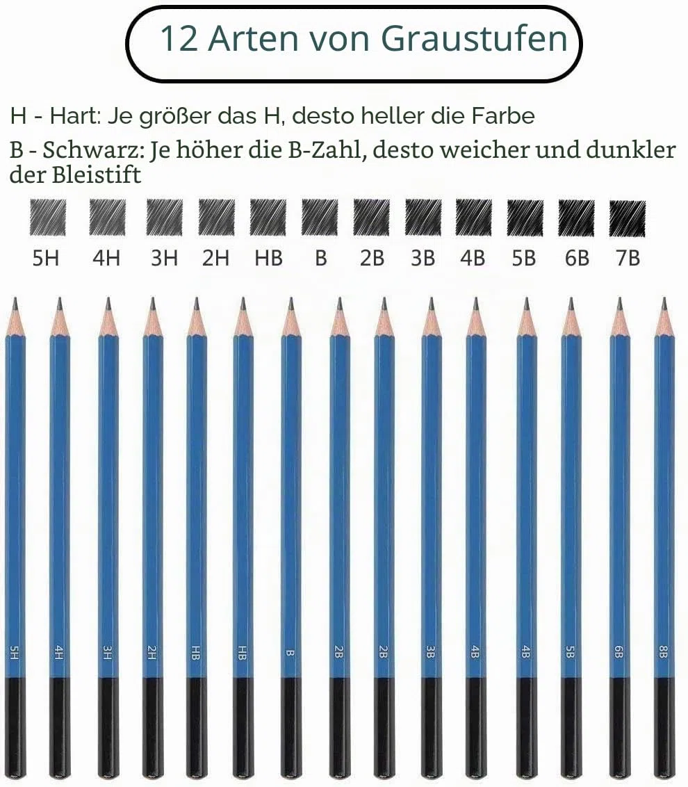 Skizzierstifte Set Bleistifte, Zeichenstifte für Skizzieren und Zeichnen, Zeichnungen Stifte für Anfänger, Künstler und Profi Art mit Graphitkohlestifte Sticks Werkzeuge und Kit Bag - 50 Stück