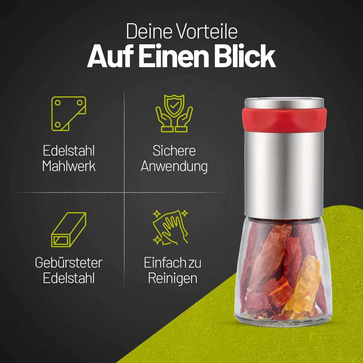 Chilimühle aus Edelstahl & Glas | Gewürzschneider Schneidwerk - Chilischneider für grobe Gewürze & Chili - Gewürzmühle Kräutermühle - mit Aroma-Schutzdeckel
