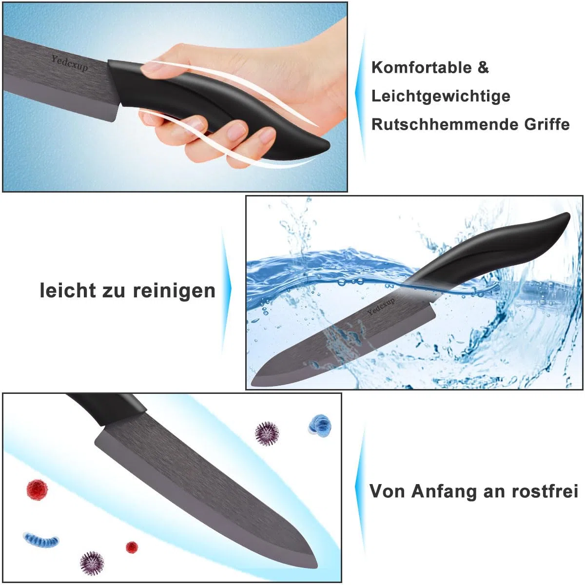 Keramikmesser Set 4 - Sehr scharf Gemüsemesser Gute Handhabung küchenmesser klein, Enthält ein 7.6cm Schälmesser, ein 10cm Obstmesser, ein 12.7cm Universalmesser, ein 15.2cm Kochmesser (Schwarz)