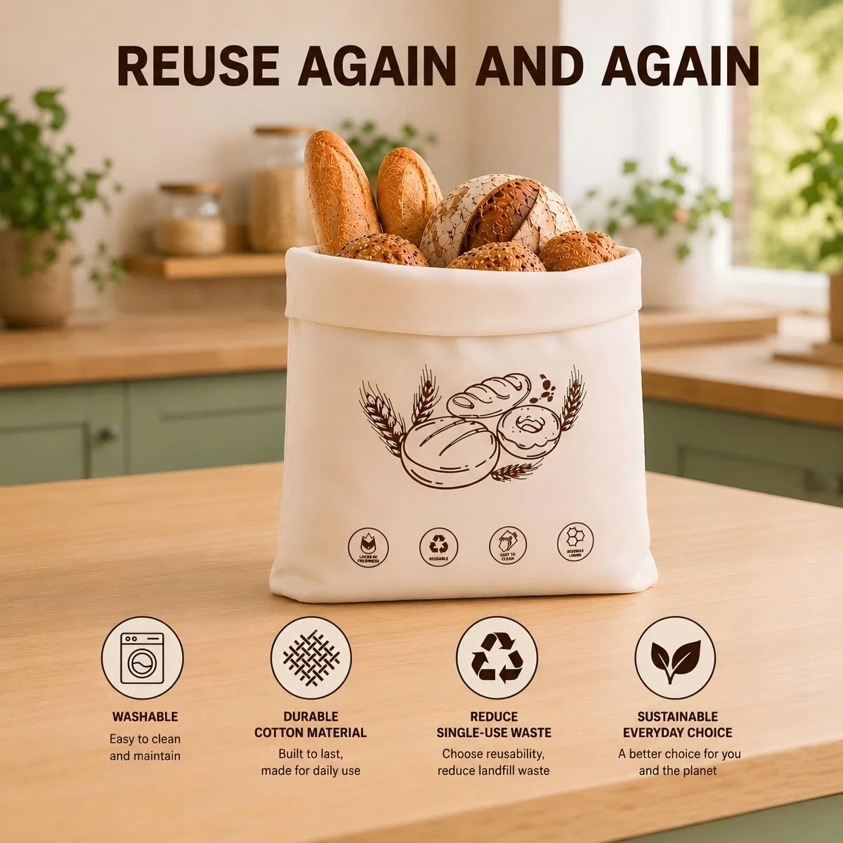 Brotbeutel Bienenwachs, Wiederverwendbarer Brotbeutel zum Frischhalten, Brotaufbewahrung mit L-Reißverschluss & Tragegriff, Brotsack für Brot, Obst, Gemüse und Backwaren, 2er Set