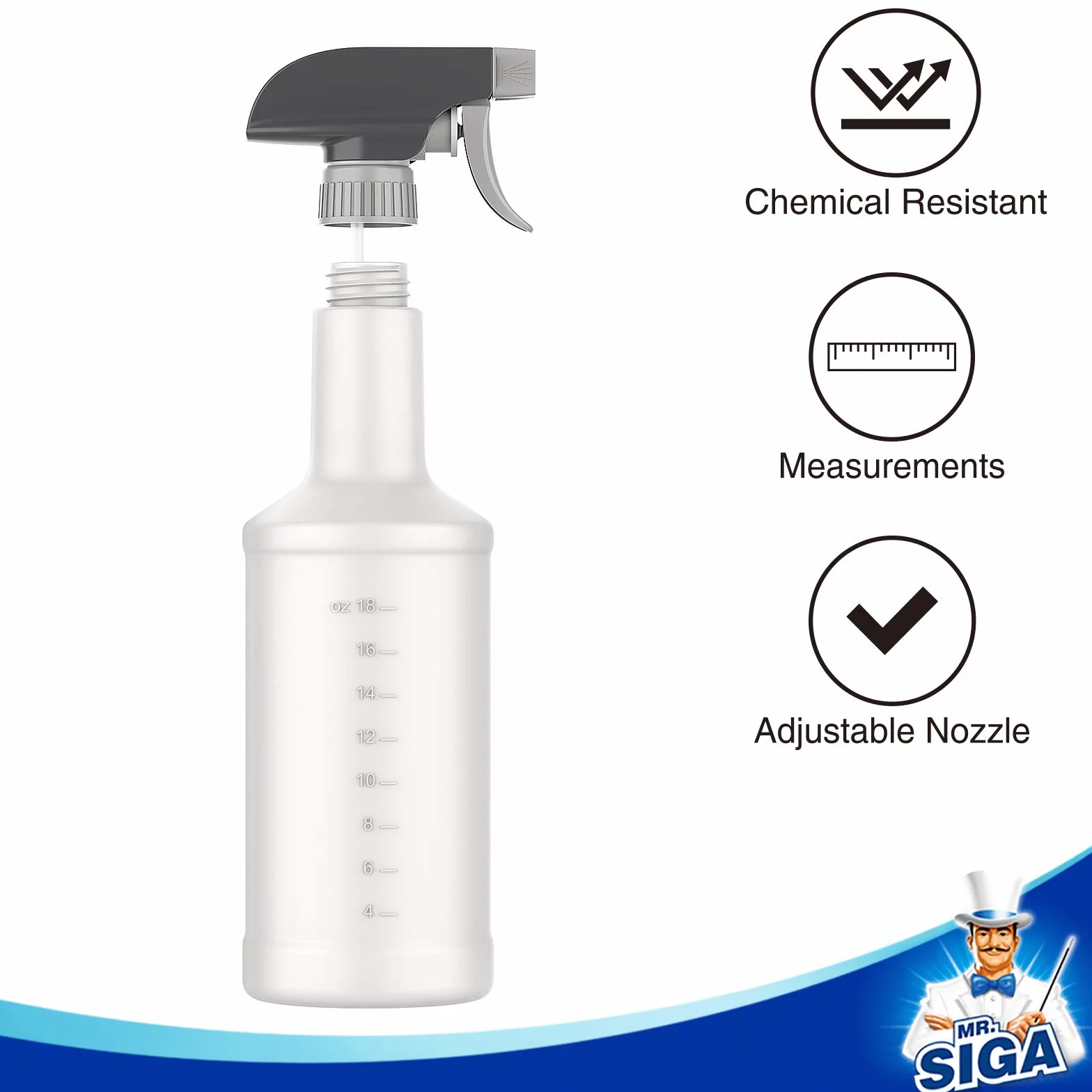 MR.SIGA 710 ml leere Kunststoff-Sprühflaschen für Reinigungsmittel, strapazierfähige, wiederverwendbare Sprühflaschen für den Haushalt mit Maßangaben und einstellbarer, auslaufsicherer Düse, 3er-Pack