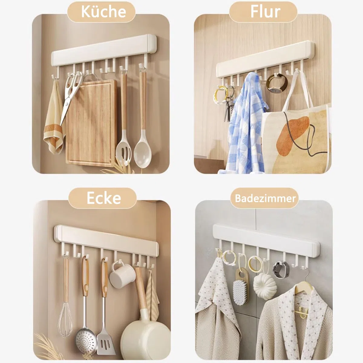 Hakenleiste Küche, 50 cm Hängestange Selbstklebend, Küchenstange mit 10 Beweglichen Haken, Küchenreling aus Aluminium Ohne Bohren, Hängeleiste für Löffel, Schaufel, Küchenutensilien