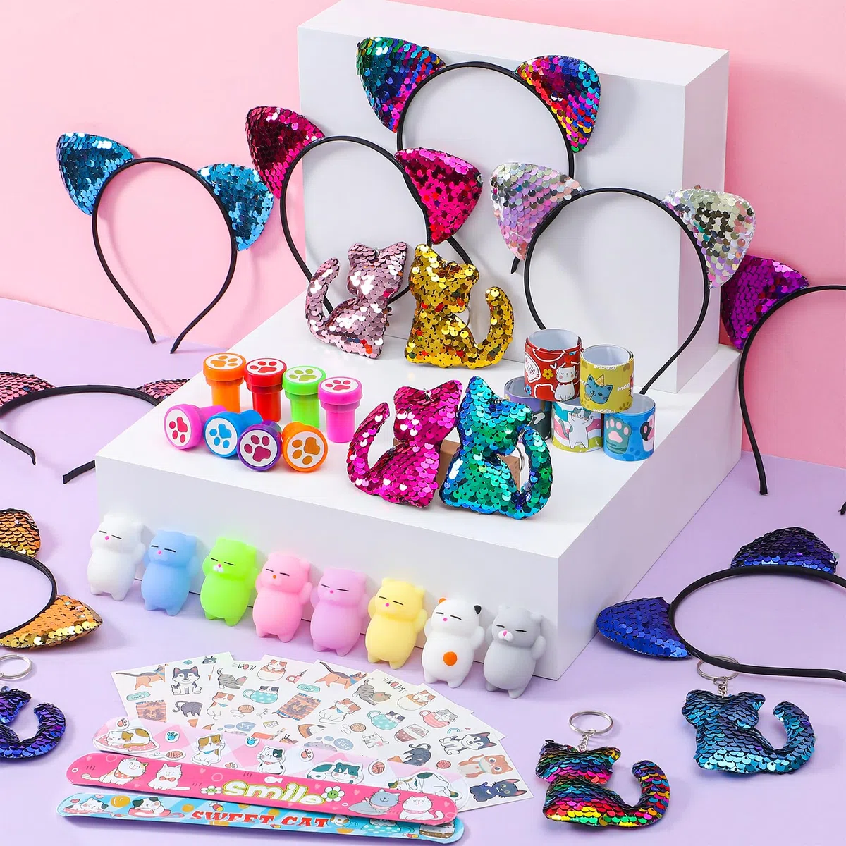 G.C Katzen Mitgebsel Kindergeburtstag Pinata Geburtstag Mädchen mit Pailletten Katzenohren Stirnband und Schlüsselanhänger Tattoo Katze Give Aways Gastgeschenk Mitbringsel Kindergeburtstag Mädchen