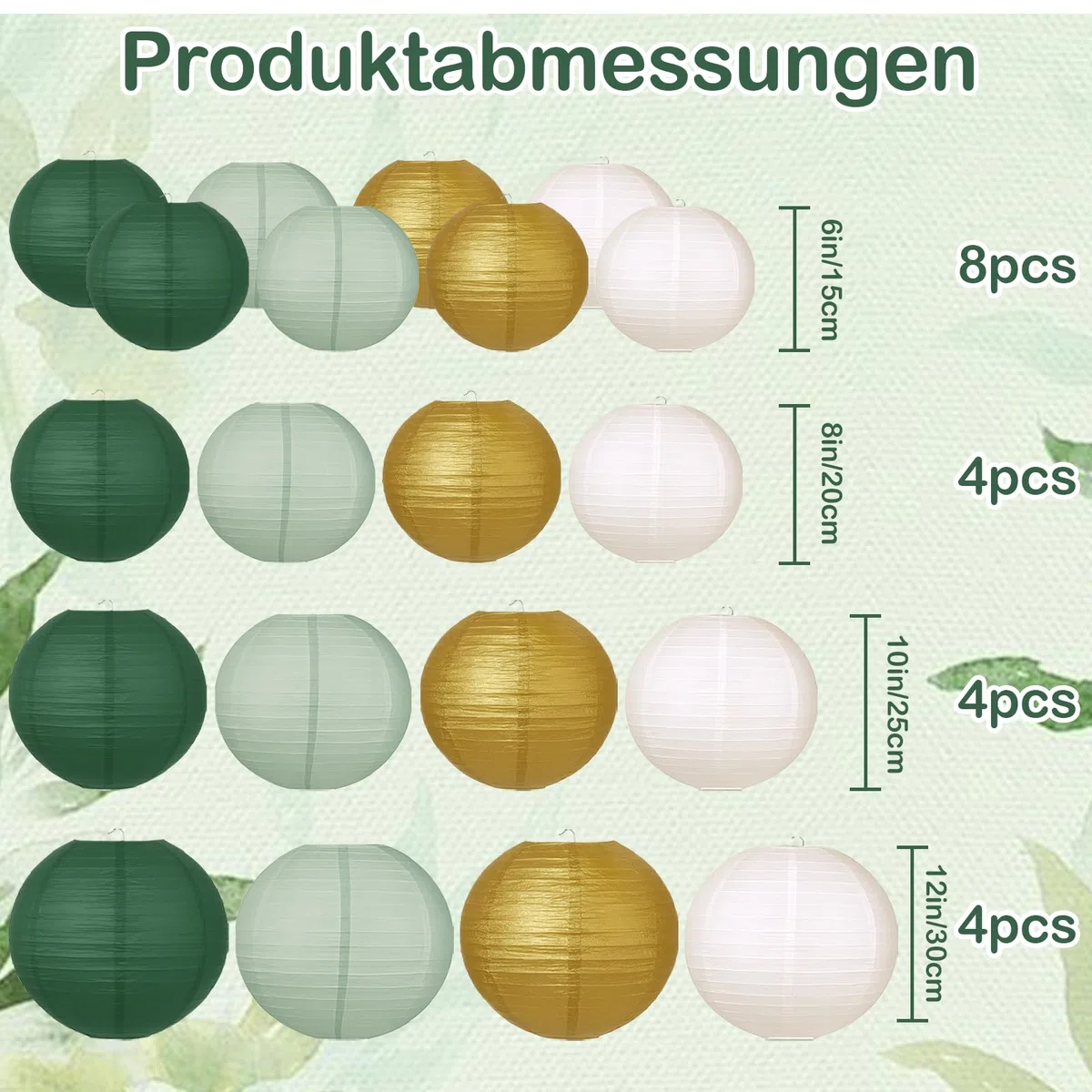 20pcs Papierlampions in Salbeigrün – Runde Papierlaternen in 4 Größen (15/20/25/30 cm) – Lampenschirme als Deko für Hochzeit, Geburtstag, Babyparty & Gartenparty