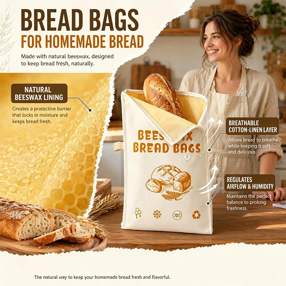 2 Stück Wiederverwendbare Bienenwachs Brotbeutel, Brotbeutel Bienenwach, Brotbeutels Leinen mit Natürlichem Bienenwachs Wiederverwendbare,Brotbeutels aufbewahrung für Sauerteig Handwerkerbrote