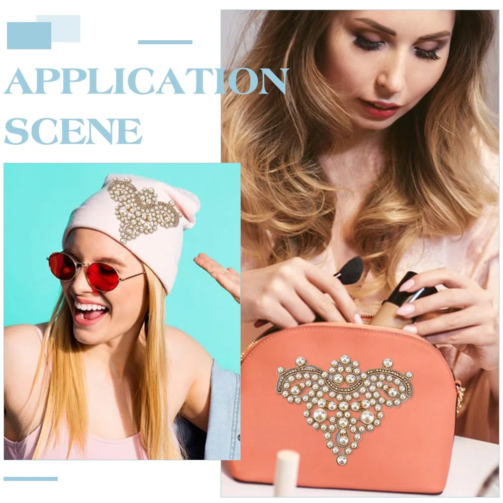FINGERINSPIRE 2 Stück Perlen Schuhaufnäher Goldfarben Zum Aufnähen von Strass Imitationsperlen Perlenapplikationen DIY Applikationsaufnäher Glitzernde Perlen Blumenmuster Aufnäher Applikationen