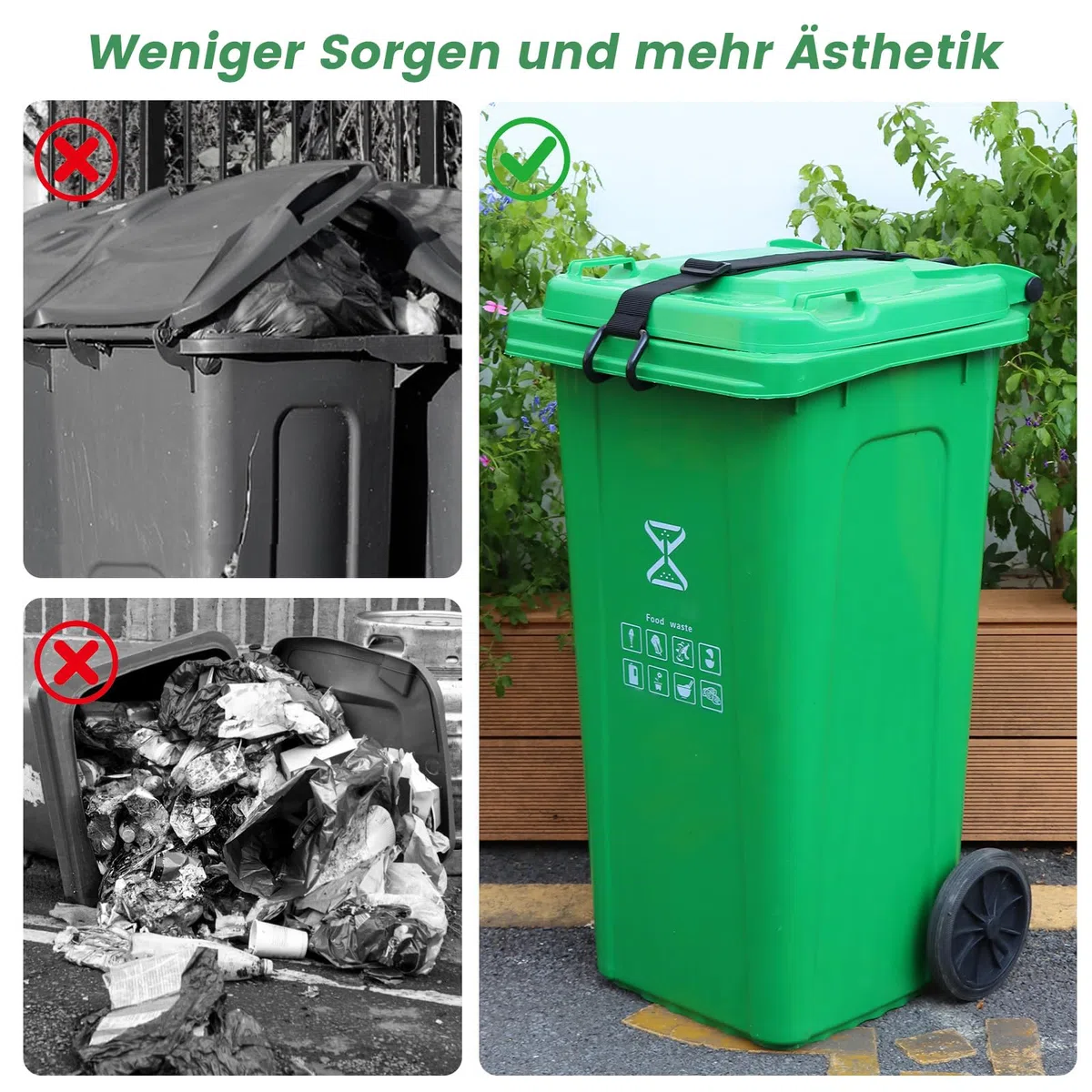 Herfair Mülltonnenschloss Ohne Bohren, 2 Stück Mülltonnen Schloss mit Haken für Müllcontainer 60-360 Liter