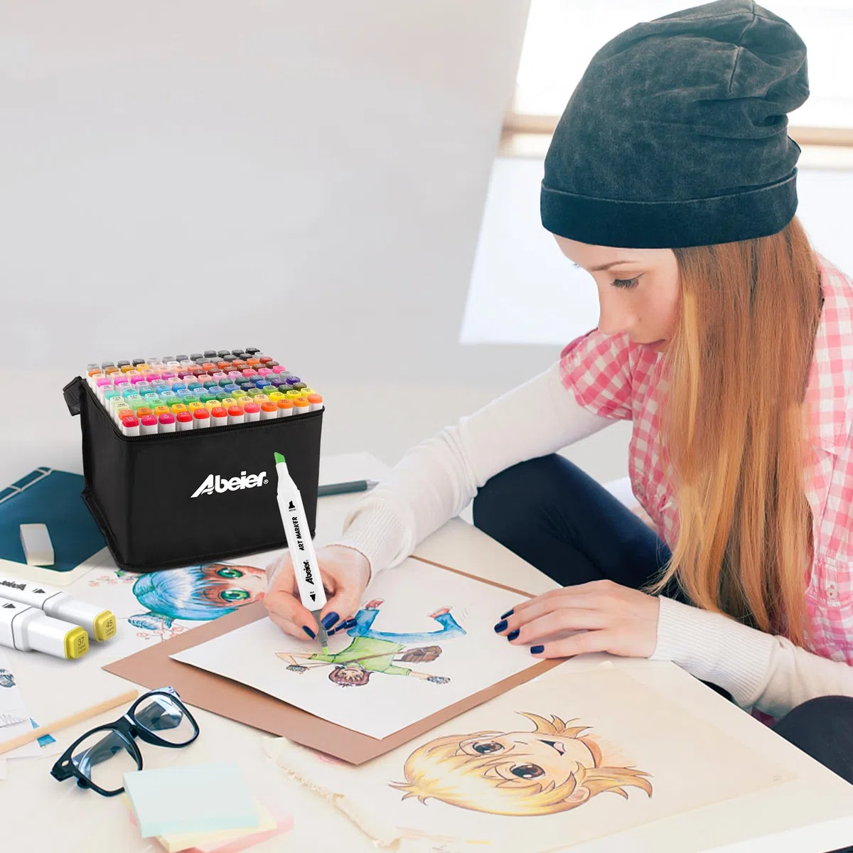 ABEIER 80 Farben Alkohol Stifte Set, Schnell Trocknende Alkohol Marker, Doppelseitige Marker Stifte, Meißel & Feine Alkoholmarker für Malerei, Zeichnen, Design, Manga, Permanentmarker mit Tragetasche
