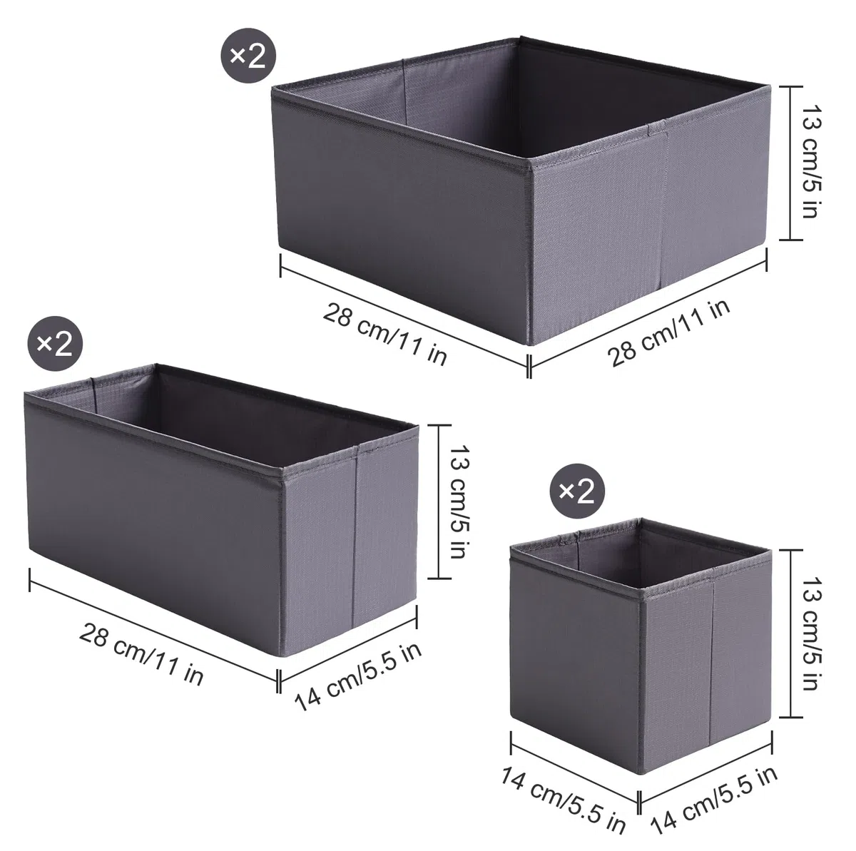 TYEERS Schubladen Organizer, Strapazierfähiger Stoff, Waschbar, mit Bodenstützplatten, Kleine Aufbewahrungsboxen für Badezimmer, Kleiderschrank, Kommode, 6er-Set, Dunkelgrau