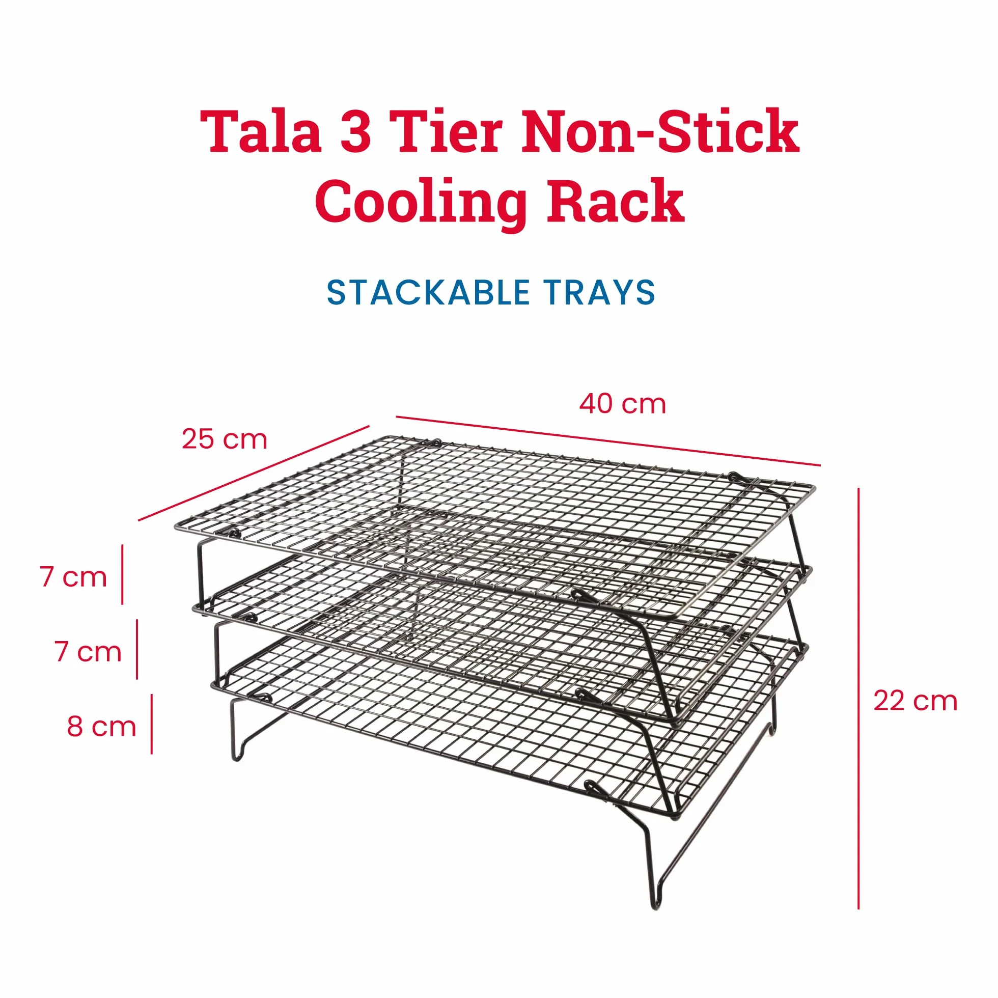 Tala 3-stöckiges Abkühlgitter 40 x 25 cm, Kuchengitter stapelbar und faltbar, Cooling Rack mit Antihaftbeschichtung, Backzubehör für Kuchen Muffins Kekse Plätzchen und Gebäck