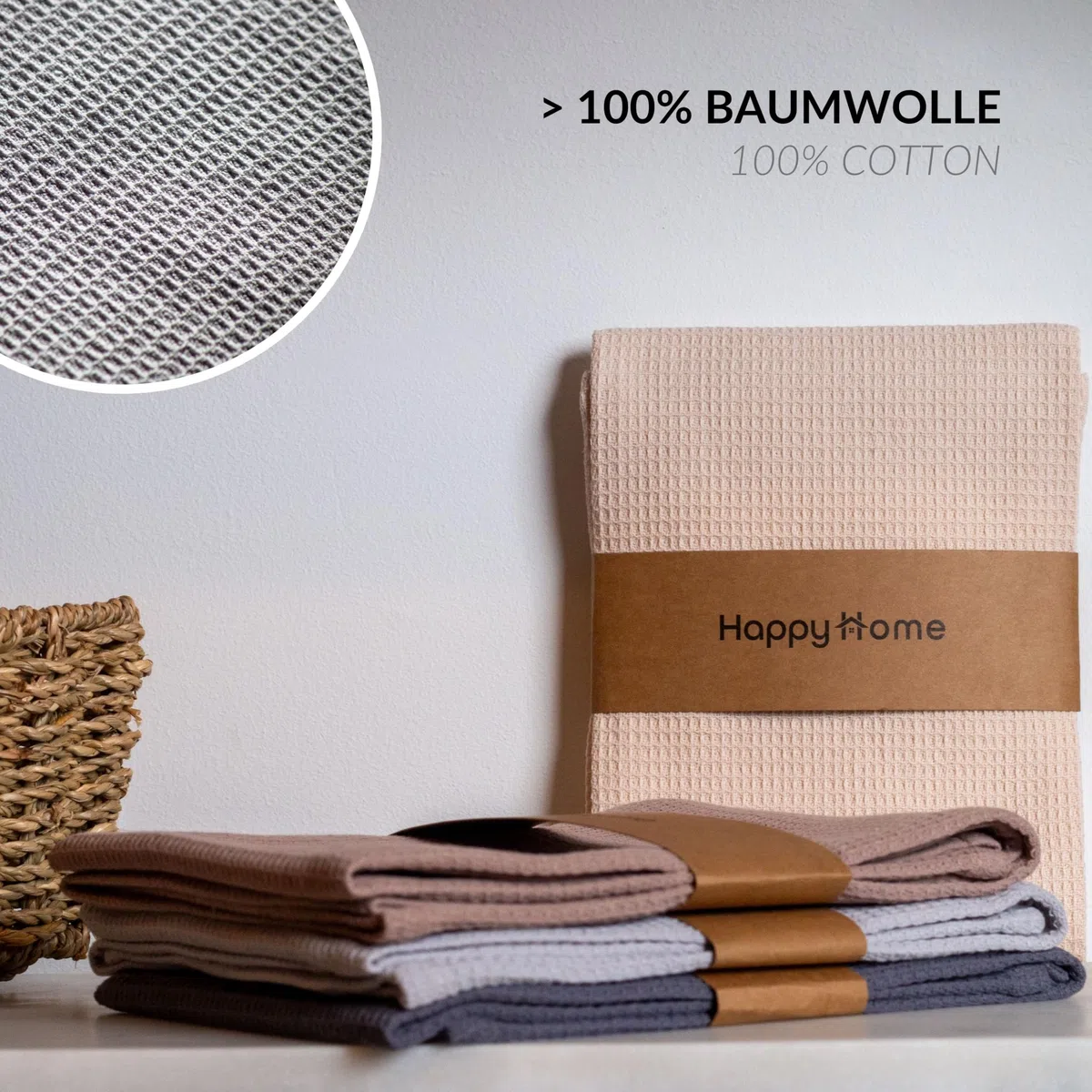 Happy Home Geschirrtücher Baumwolle in 45x65cm | Küchenhandtücher 4 Stück | Geschirrtücher Waffelstruktur | Geschirrtuch in Vier Farben | Tea Towels | Waffelpique Küchentuch & Trockentücher