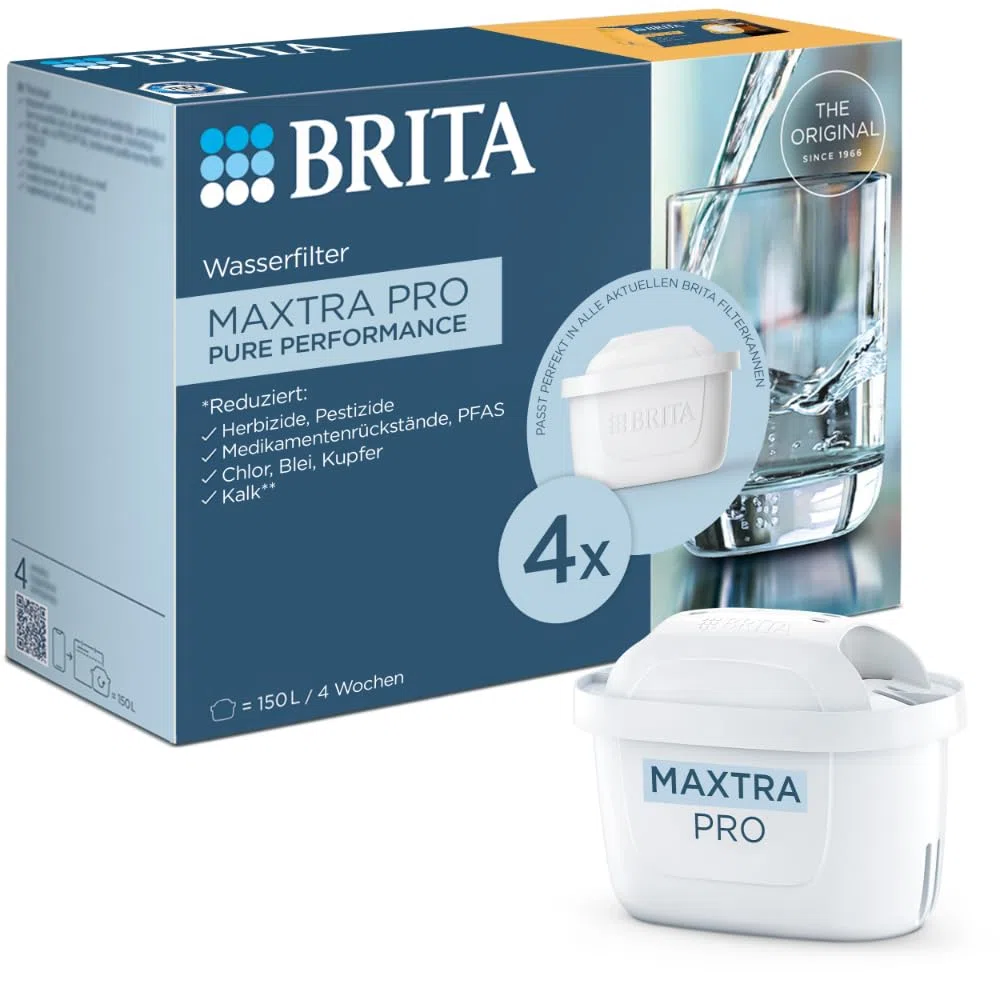 BRITA Wasserfilterkartusche MAXTRA PRO Pure Performance (All-In-1) 4er-Pack – Original Ersatz-Wasserfilter für alle BRITA-Kannen: reiner Wassergeschmack – filtert PFAS, Chlor, Kalk & Metalle
