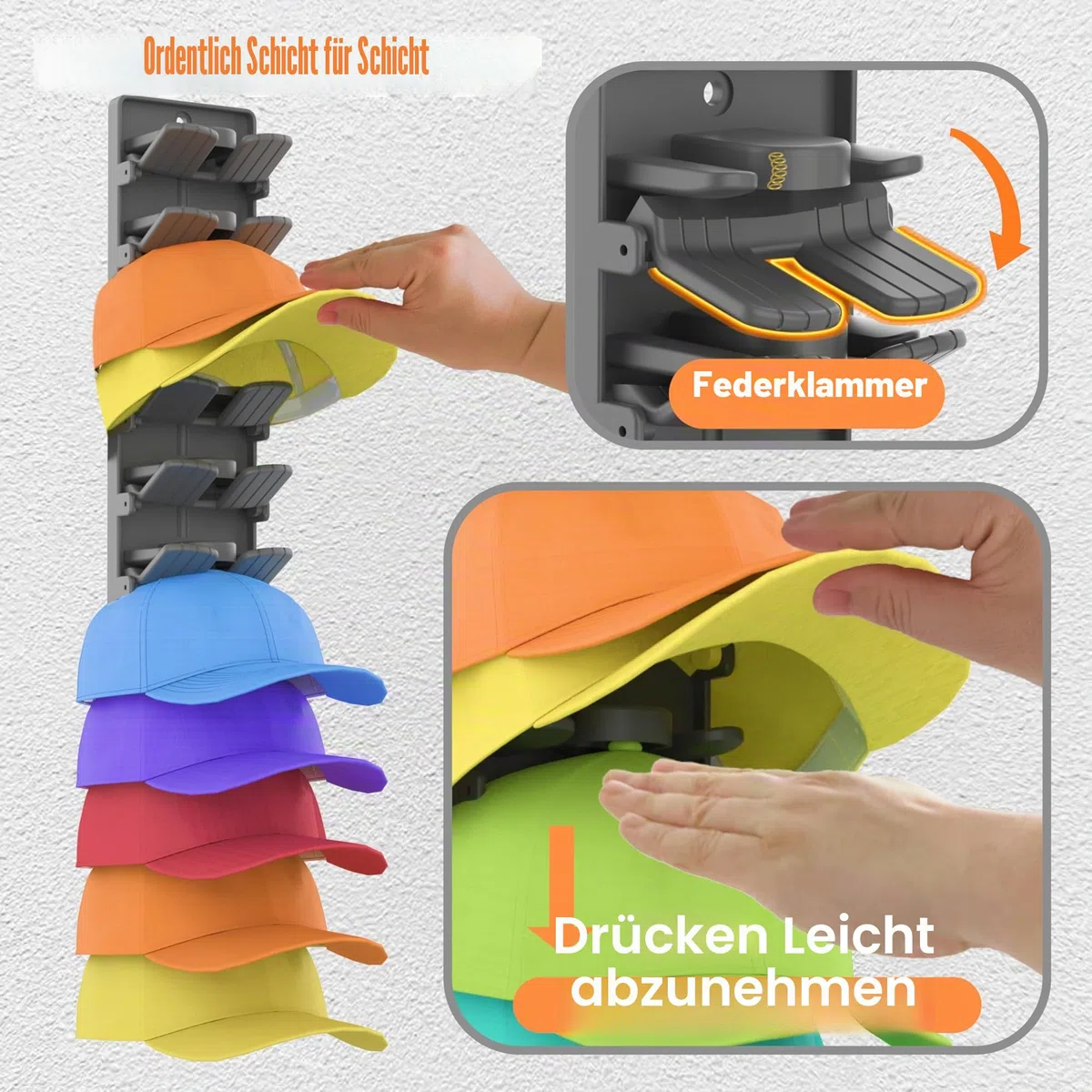 Hutorganizer für Baseballkappen 2er-Pack mit integrierten Federclips - Wandmontage Schrank-Hutständer-Halterung, Aufbewahrung für Tür/Schrank Display Hutständer Aufhänger (Starker Klebstoff