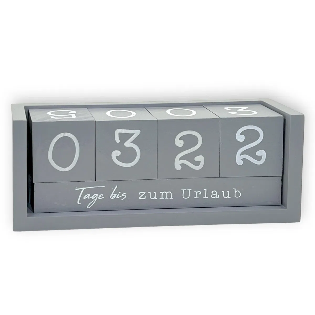 Jahres Countdown Kalender Würfel aus Holz mit Themenleiste - Dauer-Jahre-Tisch-Kalender - Lückenlose Tagezählung bis zu 432 Tagen für Hochzeiten, Geburtstage, Prüfungen und mehr (Grau)